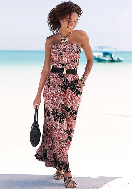 Long Black Summer Dress with Pink Paisley Print, Bandeau Neckline, and Empire Waist, Size 6 XBS7_V8LWM82